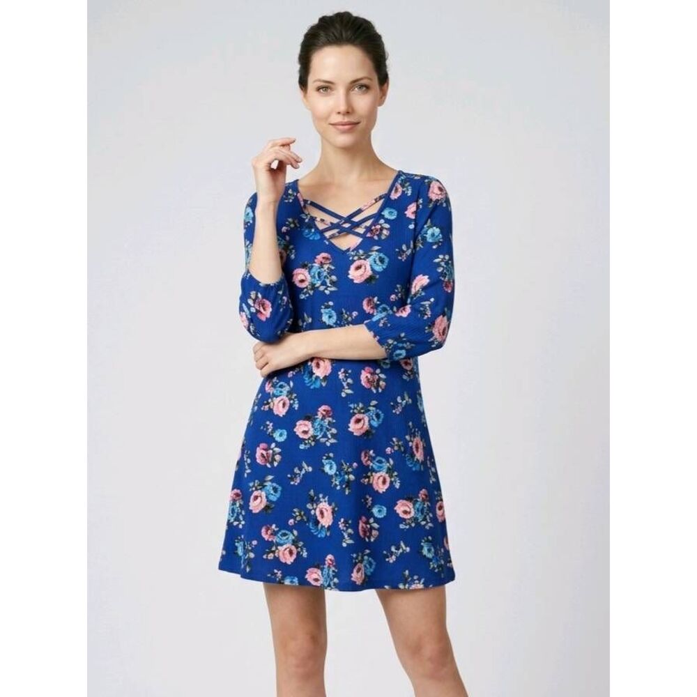 🔹️Andree Blue Floral Print Boho Rayon Dress Small